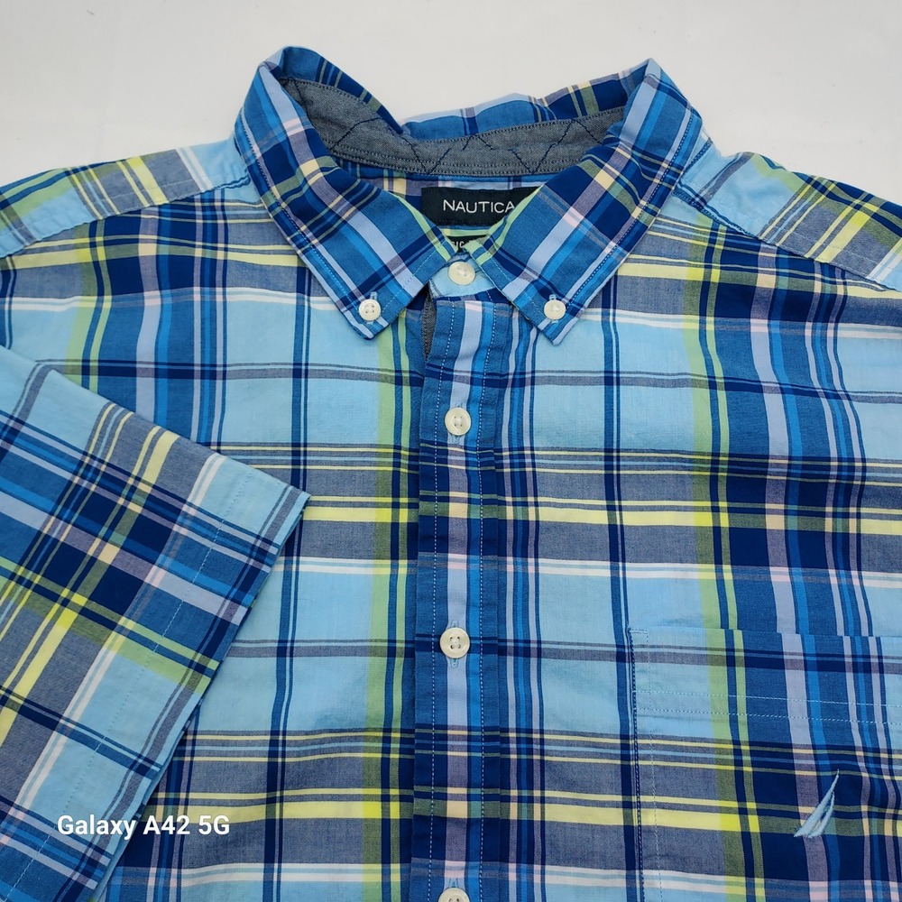 Nautica Mens XXL Blue Yellow Plaid Short Sleeve Button Down Shirt Classic Stretc